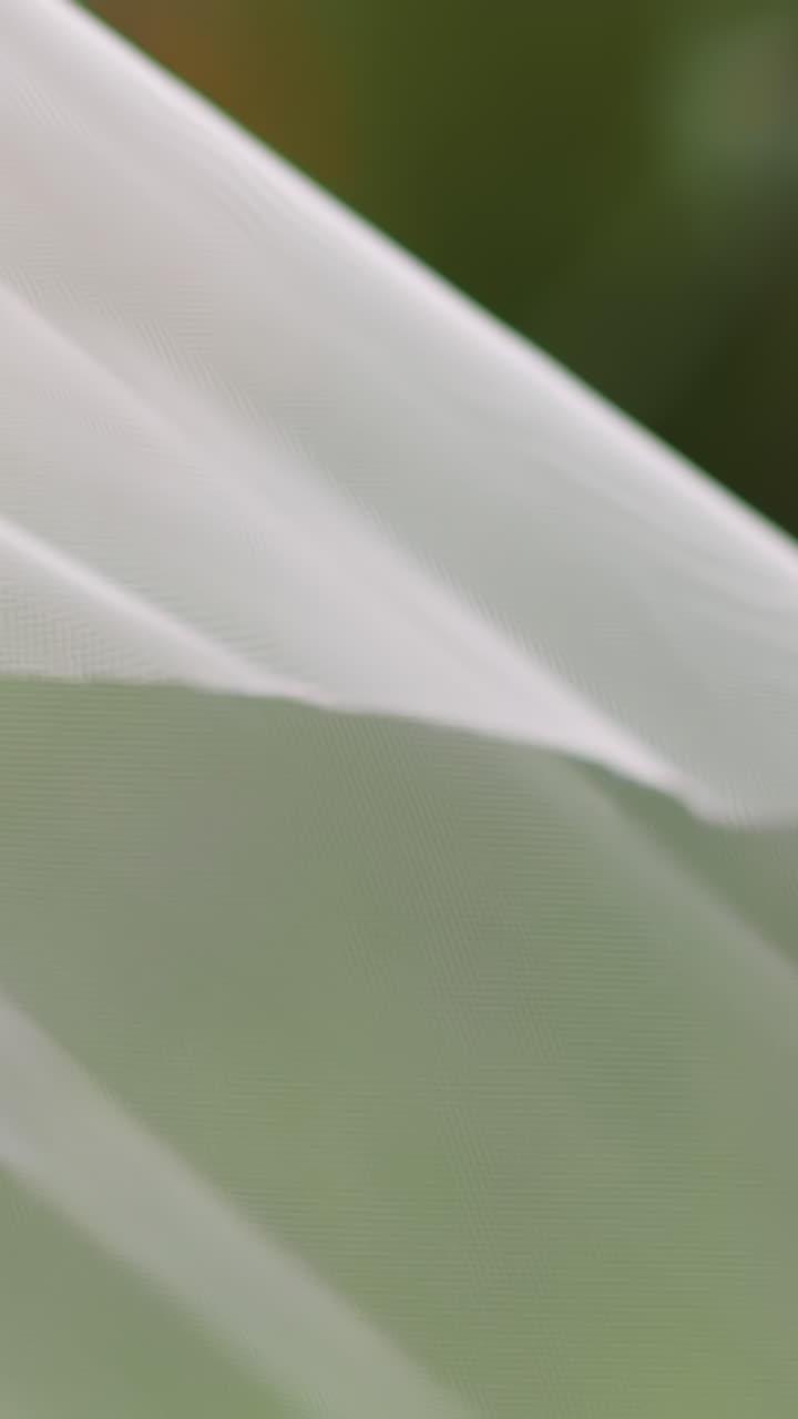 Thin white chiffon fabric waving in light wind on green blurry background extreme closeup slow motion. Bride veil part of elegant wedding dress