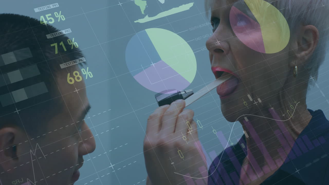 Animation of financial data processing over diverse male doctor and senior female patient