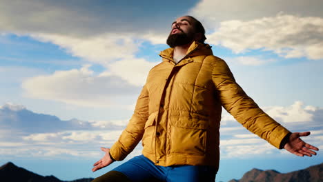 proud explorer basks in the joy of accomplishment standing at the mountain peak