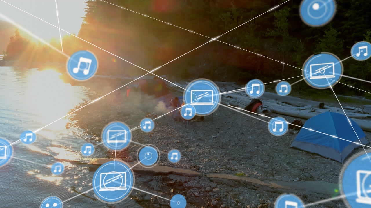 캠핑에 있는 사람들에 대한 연결 네트워크와 아이콘의 애니메이션