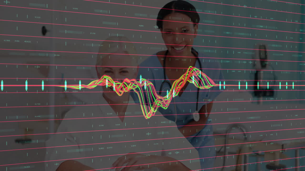 nurse leaning protectively behind patient seated in hospital room, showing faint waveform overlay