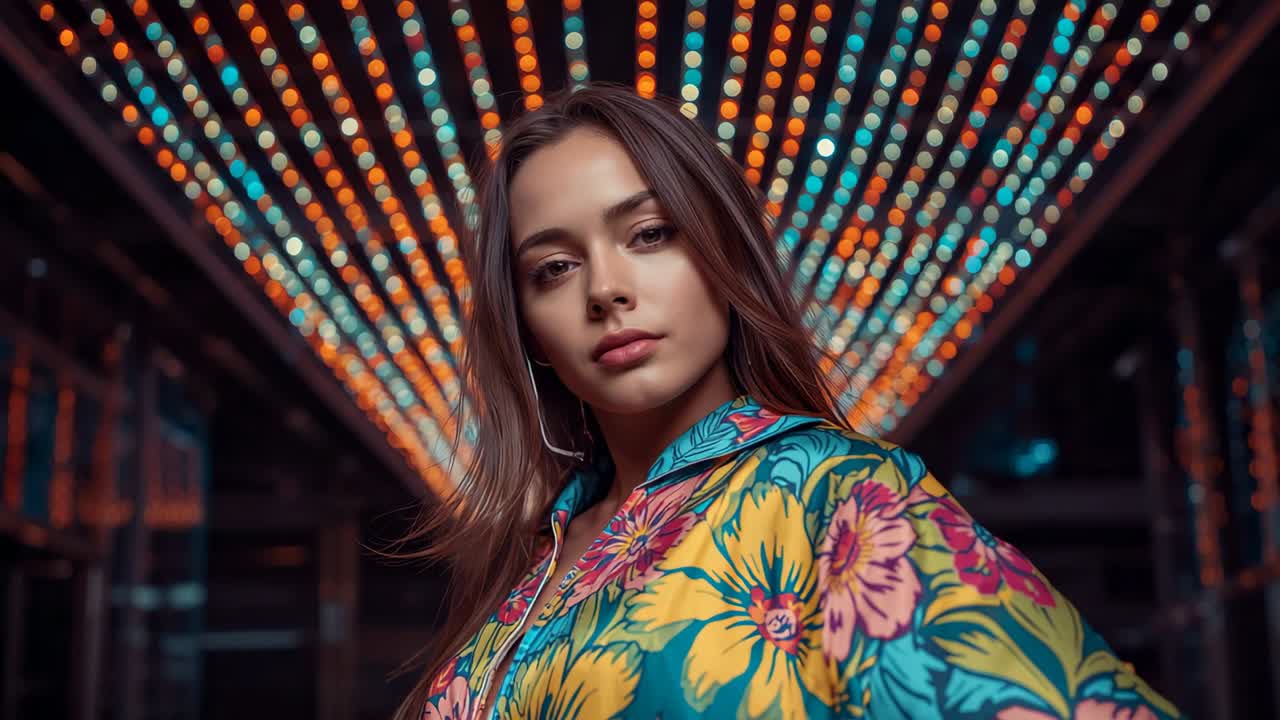 Camera capturing woman wearing floral jacket, hoops tilting head in LED tunnel, softening gaze