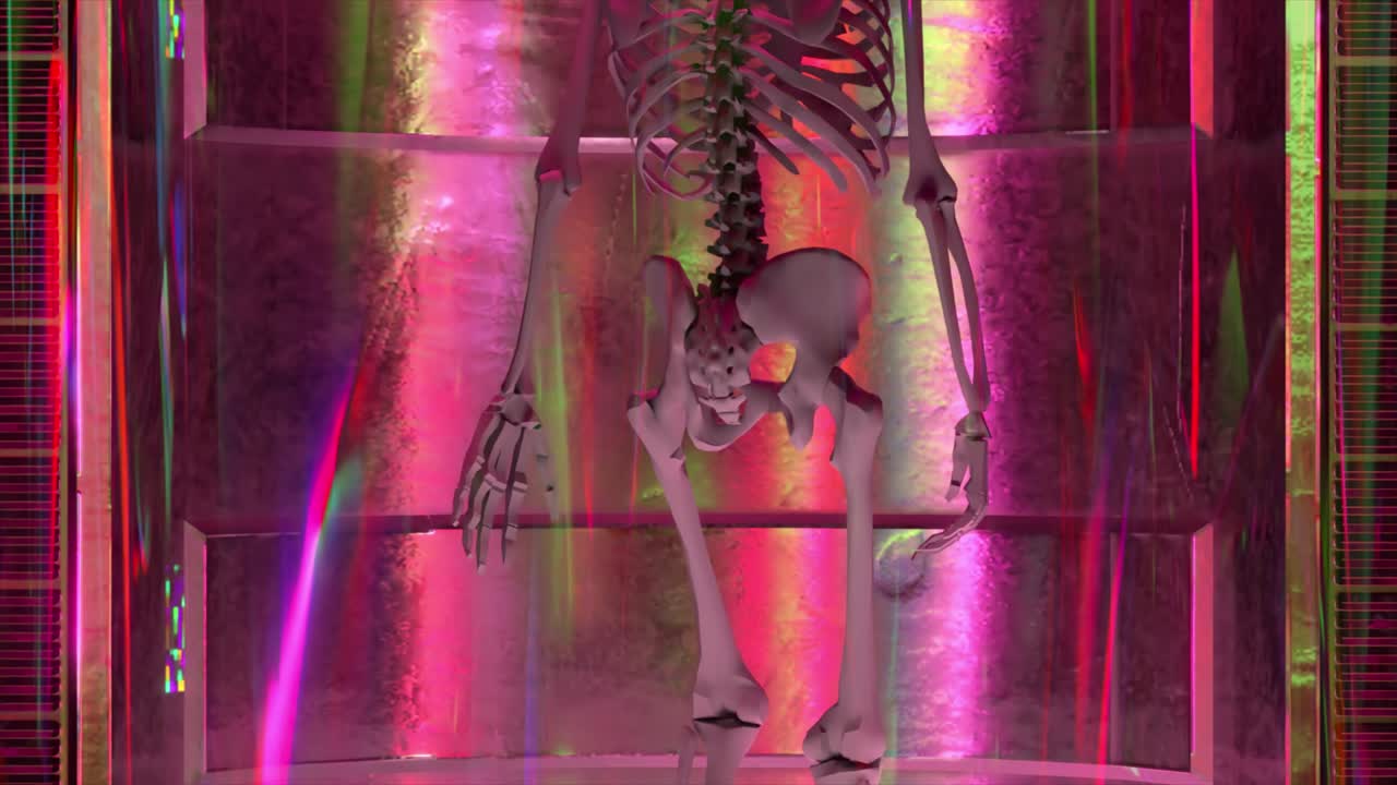 concepto tecnológico. modelo 3d caminante de un esqueleto en el fondo de la tecnología. animación 3d