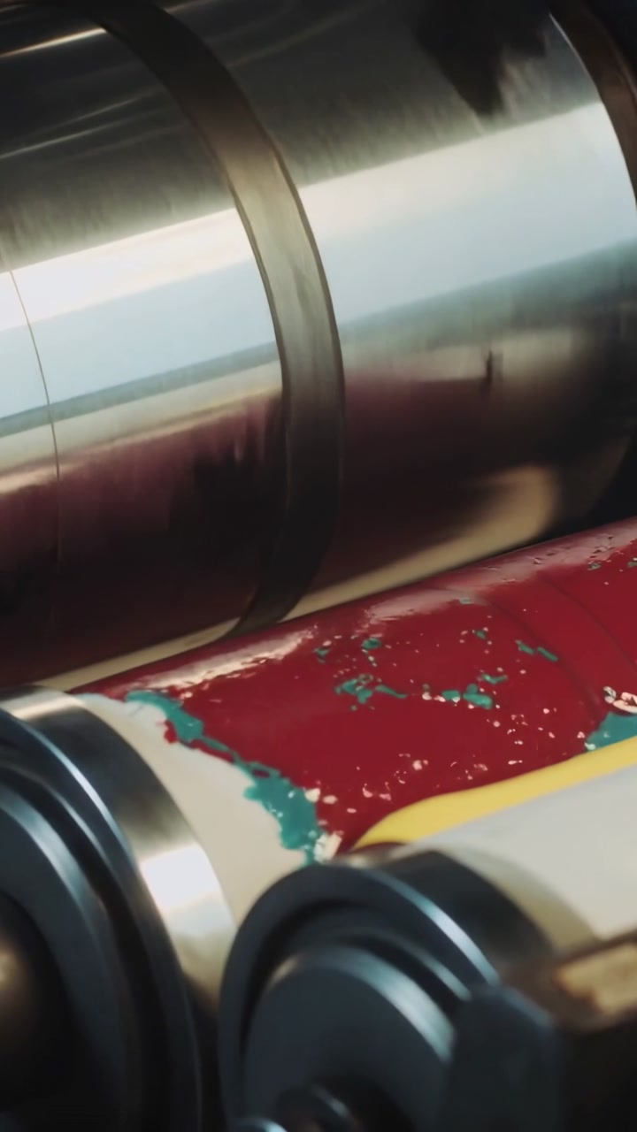 Vertical video: Press starting, roller picking up CM inks and spreading band on paper for printing