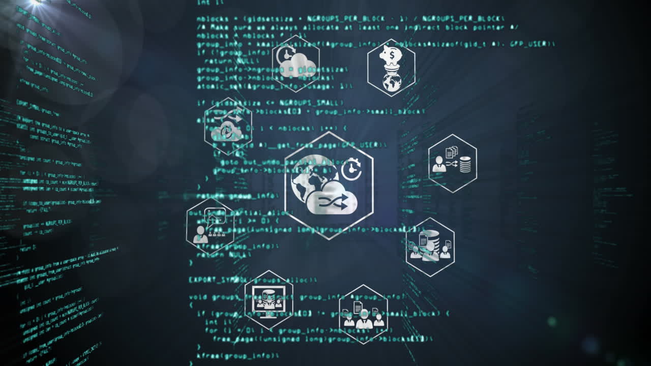 Animation of network of connections with icons over data processing