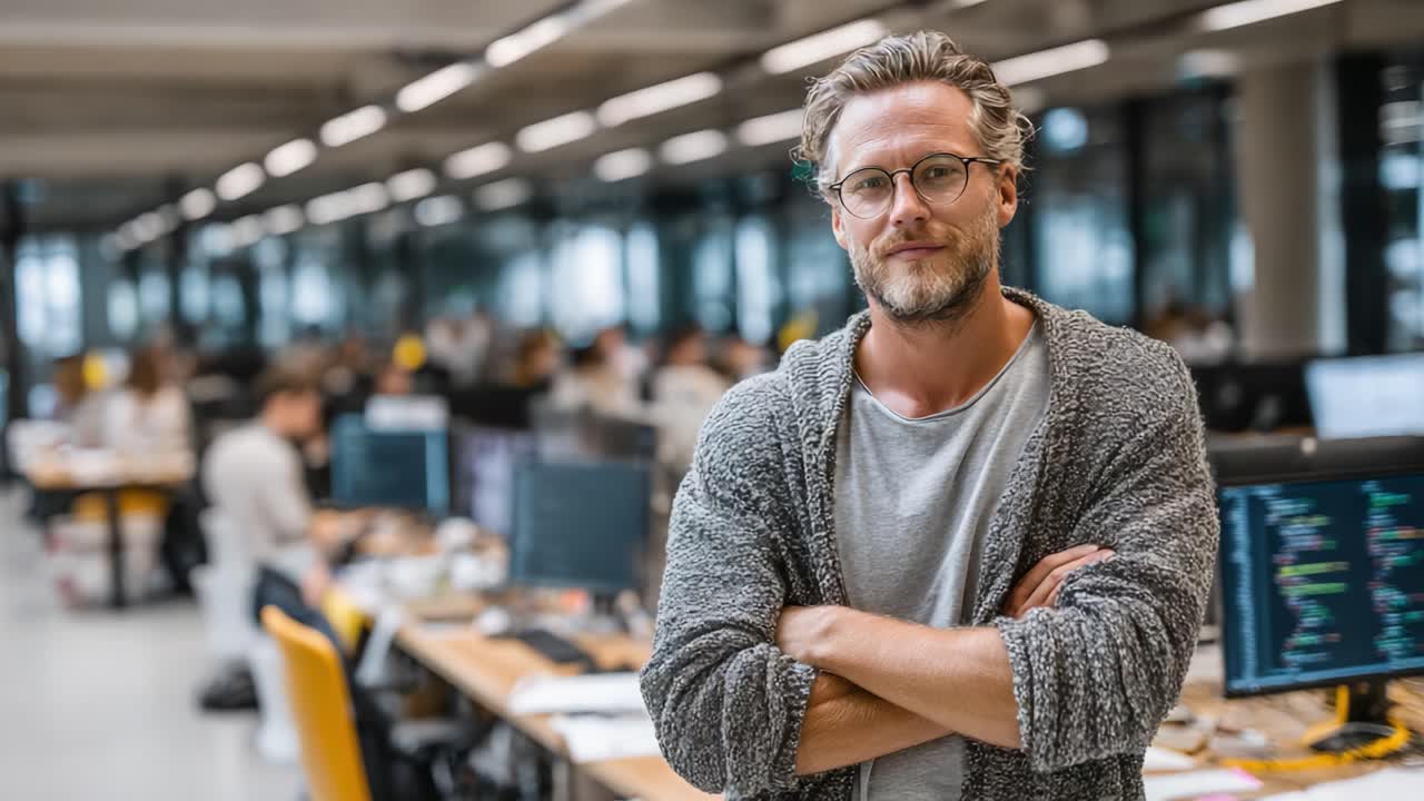 Eine selbstbewusste Fachkraft in einer modernen Büroumgebung: Die Essenz von Teamwork und Innovation in einem dynamischen Arbeitsbereich einfangen