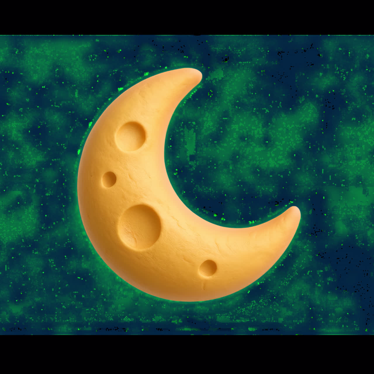 Animated Yellow Crescent Moon with Craters on Green Background