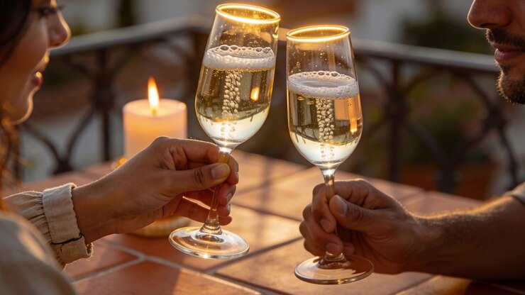 Coppia che brinda con flûte di champagne pieni, festeggiando e alzando i bicchieri su un balcone al tramonto.