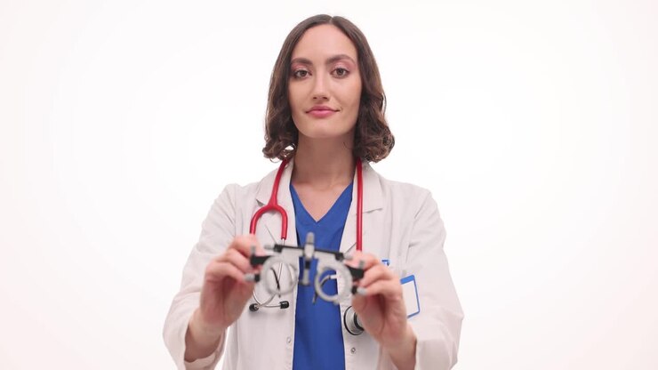 Female Doctor or Optometrist Holding a Phoropter