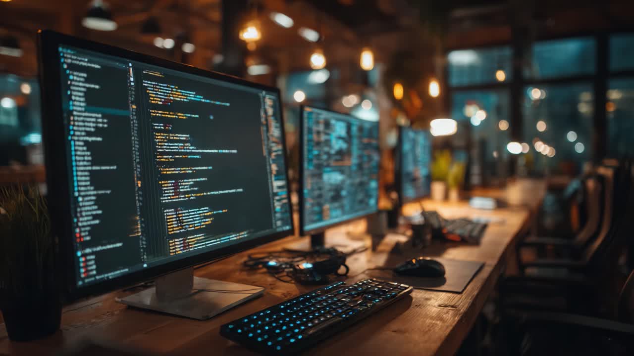 A Cozy Workspace with Multiple Monitors Displaying Code in a Dimly Lit Office Environment, Perfect for Software Development and Programming Tasks