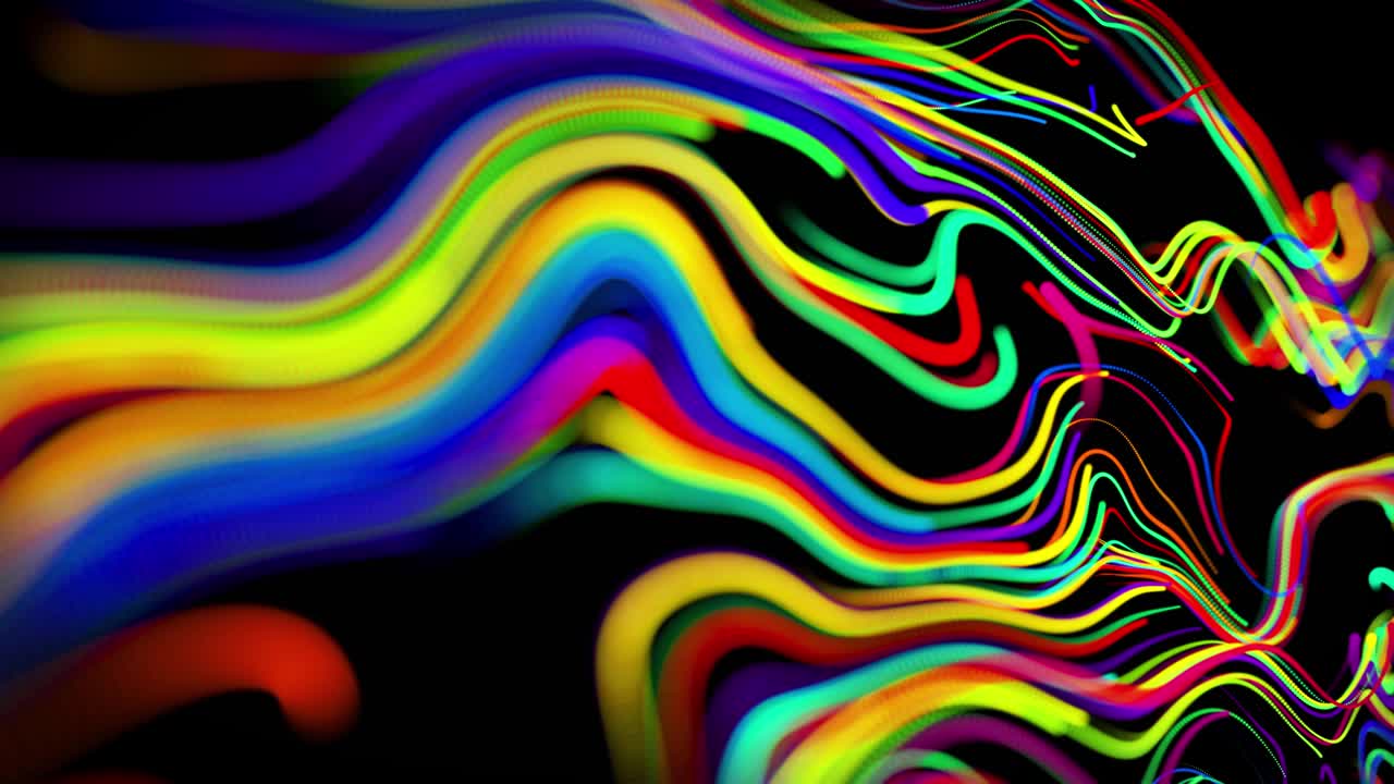 el flujo de partículas forma líneas rizadas como rastros de brillo de diferentes colores, las líneas forman un patrón giratorio como ruido de rizado. abstracto 3d bucle de flujo de animación como fondo festivo creativo brillante