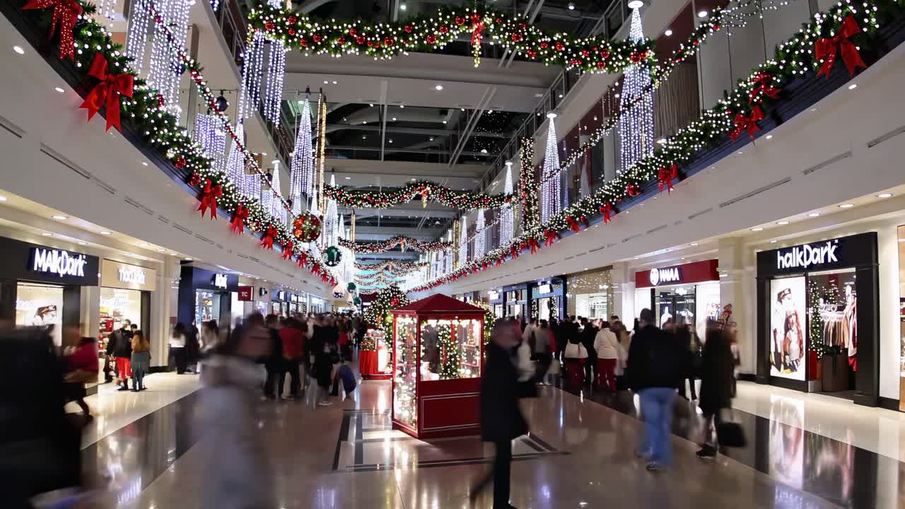 Festive shopping mall video with a wide-angle view