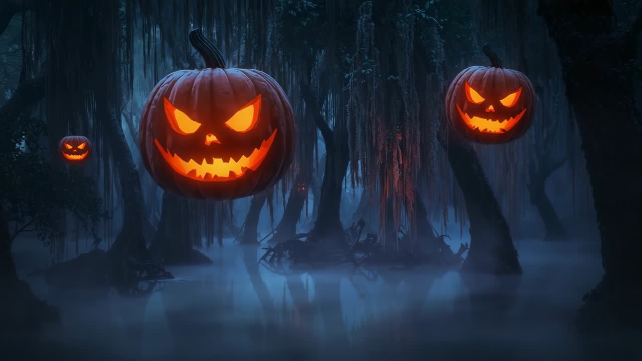 Opening misty swamp unveiling three glowing pumpkins drifting to right across water under moonlight