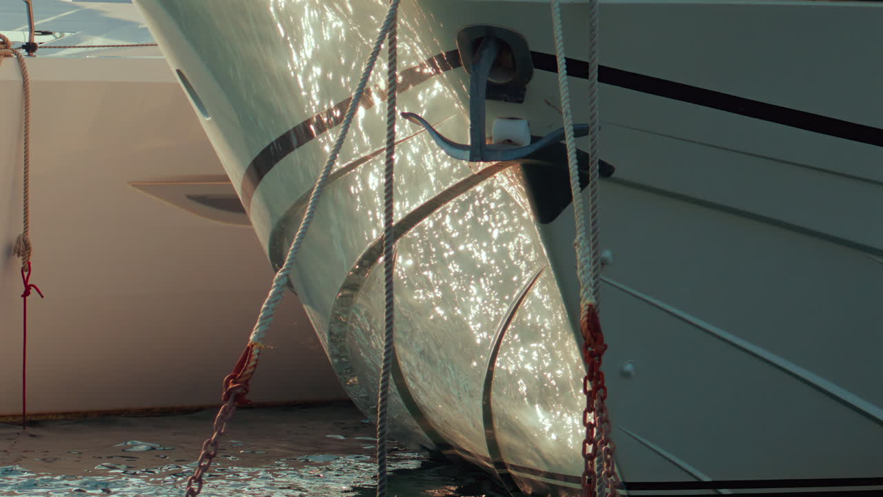 Front view of a yacht's bow with anchor chains and mooring ropes hanging over the sparkling sea