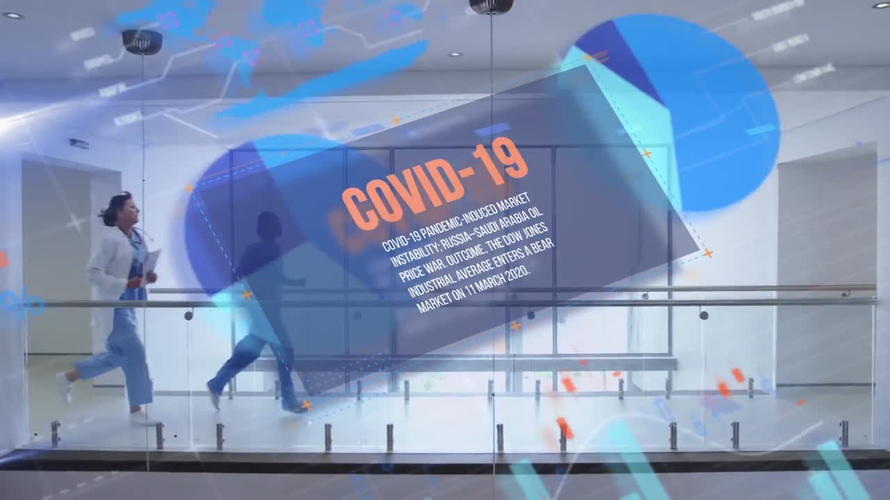 병원에서 뛰는 의료진에 대한 코로나 19 텍스트와 통계의 애니메이션