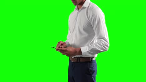 animation of an african american man in suit using a phone in green background