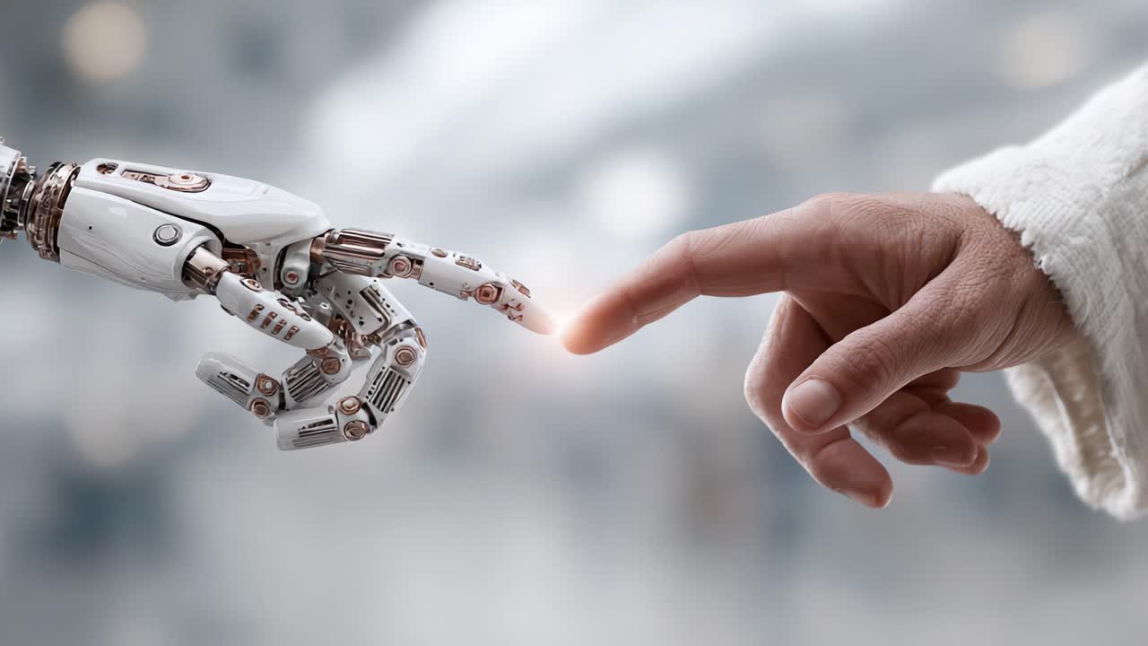 La splendida intersezione tra umanità e tecnologia: un robot e un dito umano quasi a toccarsi, che simboleggia connessione, innovazione e il futuro delle interazioni