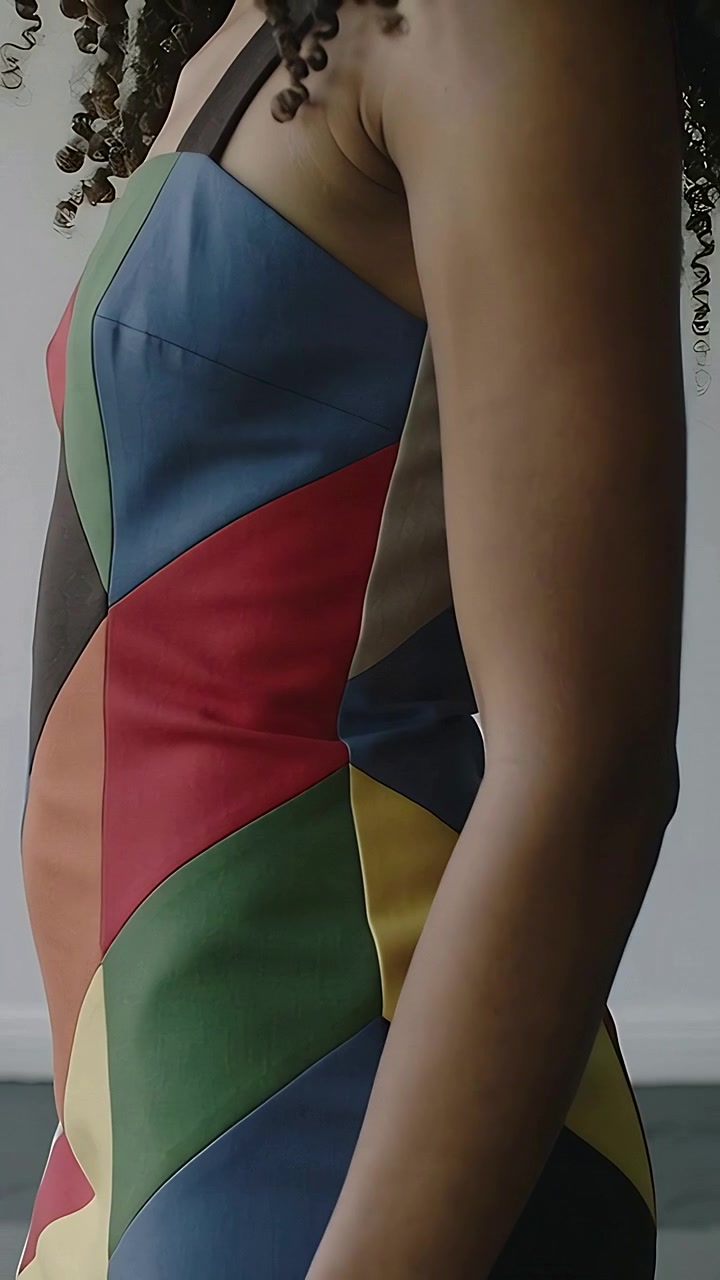Vertical video: Walking from right woman showing sleeveless patchwork dress in room, copy space