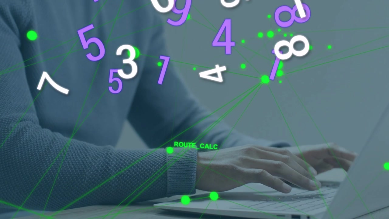 Dizüstü bilgisayarda yazı yazan bir adam, kümelenen sayıların yeşil düğümlere veya çizgilere incelmesi, teknoloji rutini için ROUTE_CALC.