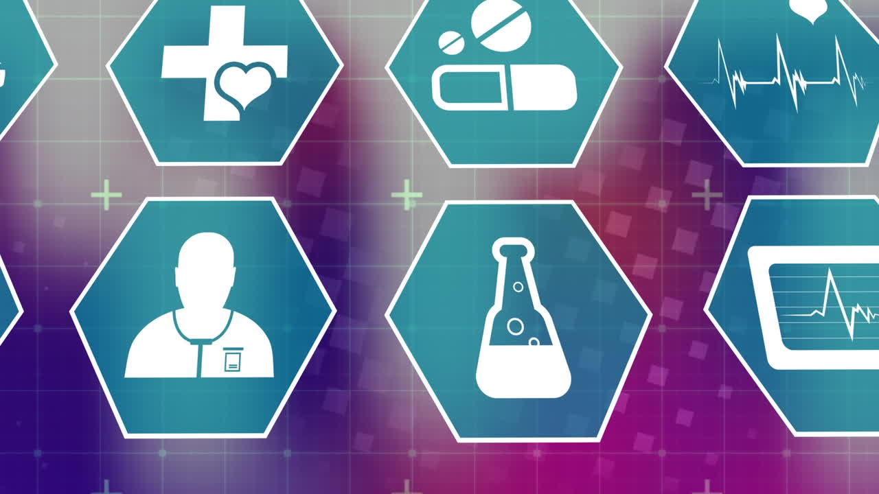 보라색 그라디언트 배경에 대한 그리드 네트워크를 통해 여러 의료 아이콘의 애니메이션