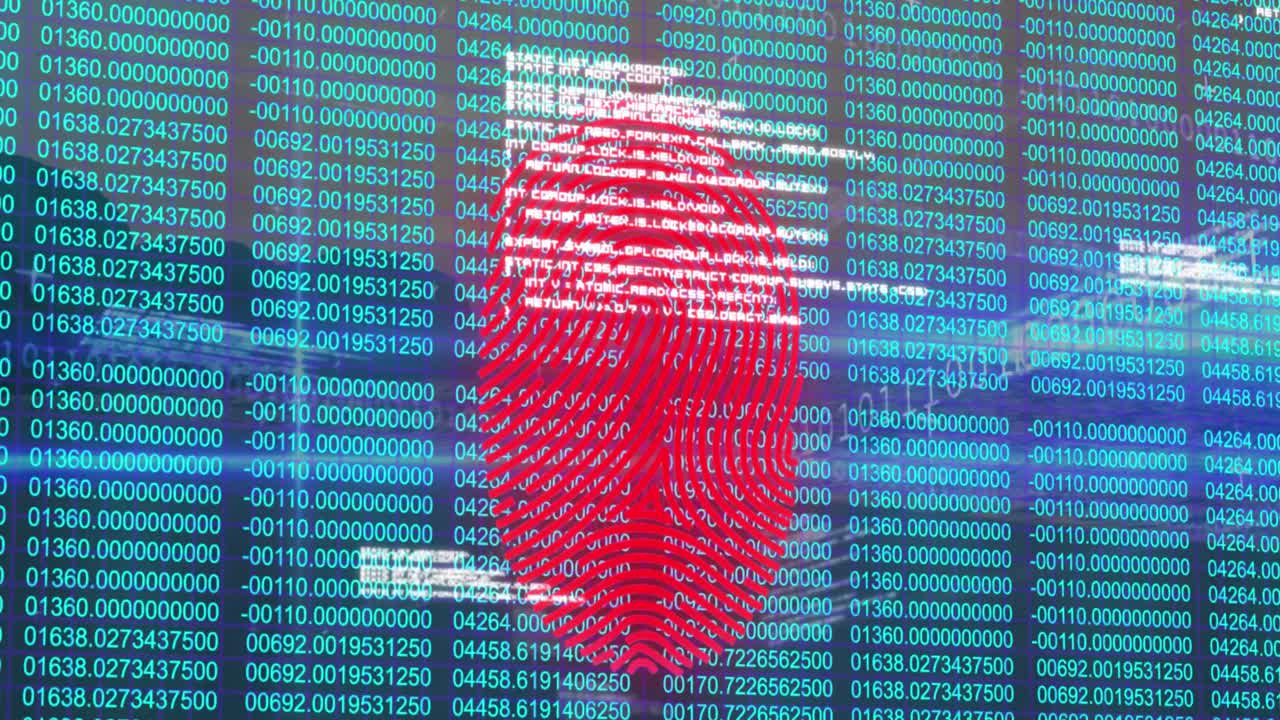 Animation of biometric fingerprint scanner and data processing against blue background