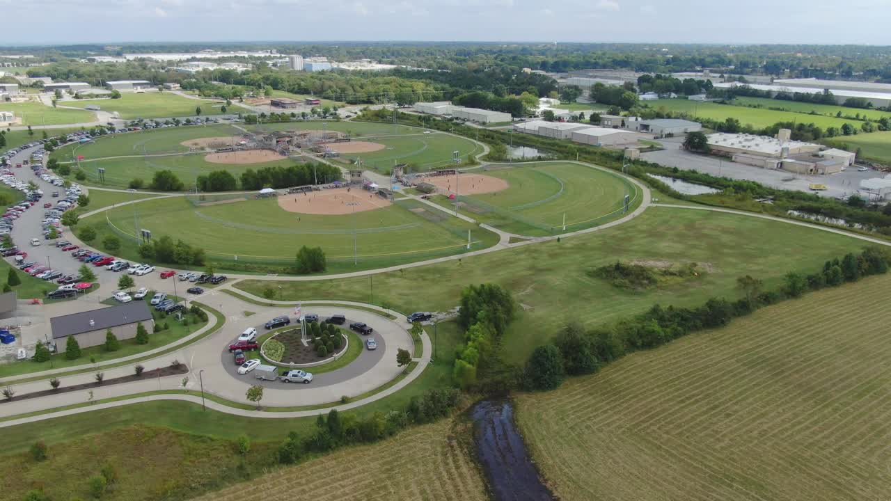 Aerial view of a large multi-field baseball and softball complex