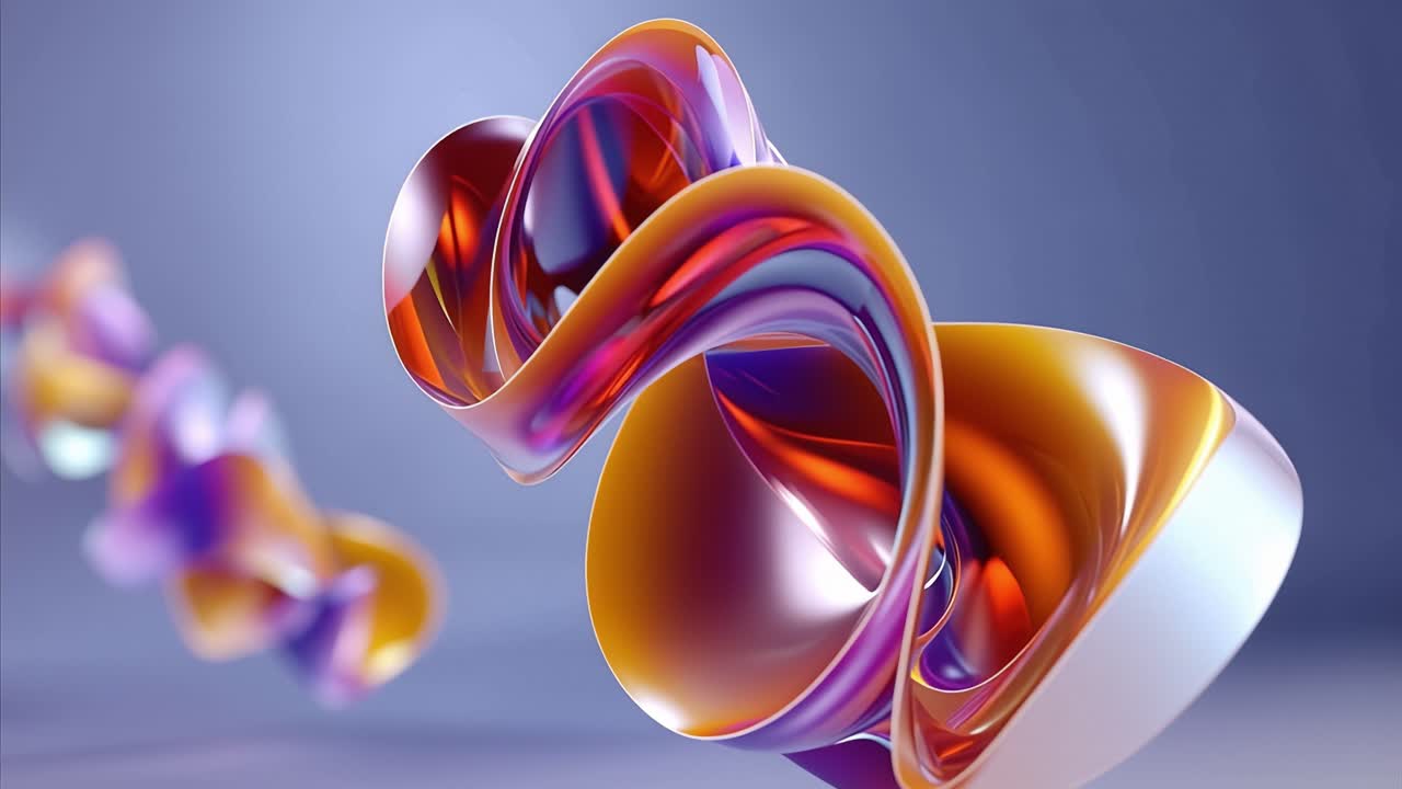 Nastri morbidi e fluttuanti si intrecciano in tonalità vibranti di viola e arancione. Scivolano contro uno sfondo sfumato e attenuato. La luce si riflette sulle loro superfici lucide e fluide