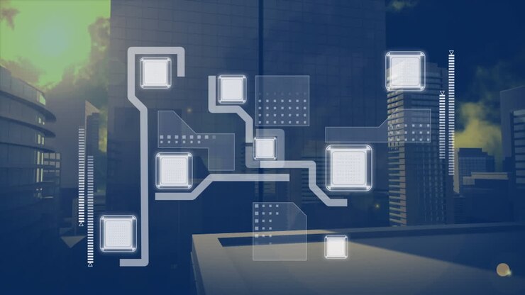 Animation of shapes moving over cityscape