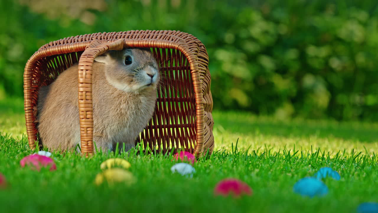 부활절 토끼가 바구니에 숨어 있다