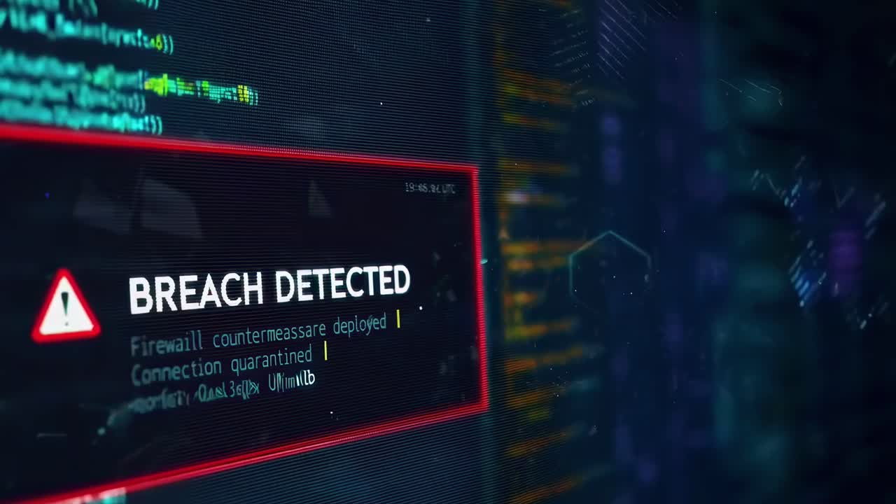 Close-up video of a digital screen with 'Breach Detected' alert, angled for dramatic effect