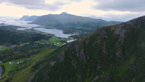 aerial shot of the mountains around lake justadvatnet in lofoten, norway