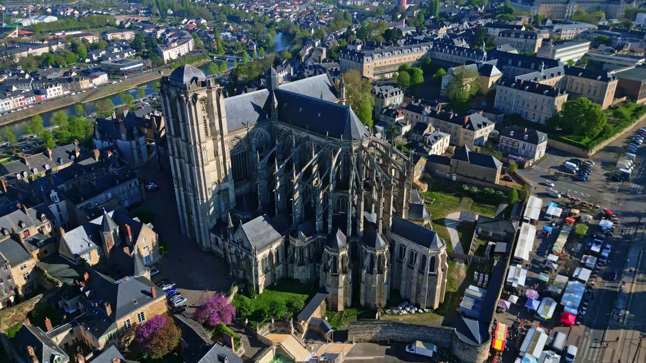 Impressive Le Mans Cathedral, Saint-Julien, Marché des Jacobins, Sarthe, France. Aerial drone top-down view
