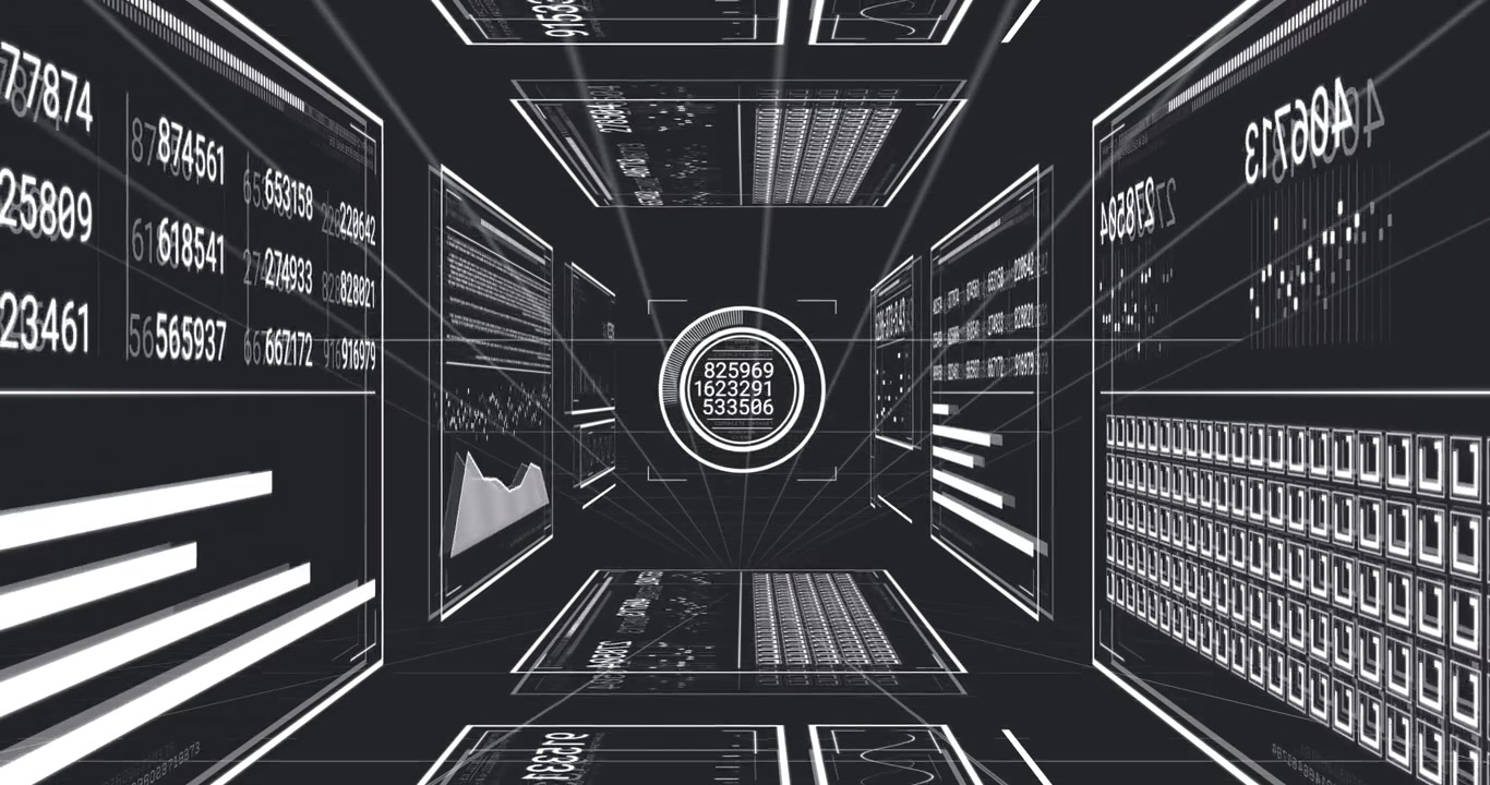 Panels appearing, wireframe tunnel framing HUD cycling numbers showing analytics, camera zooming