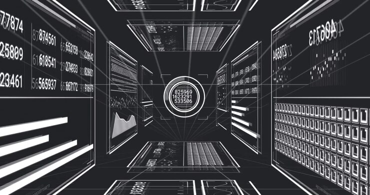 Panels appearing, wireframe tunnel framing HUD cycling numbers showing analytics, camera zooming