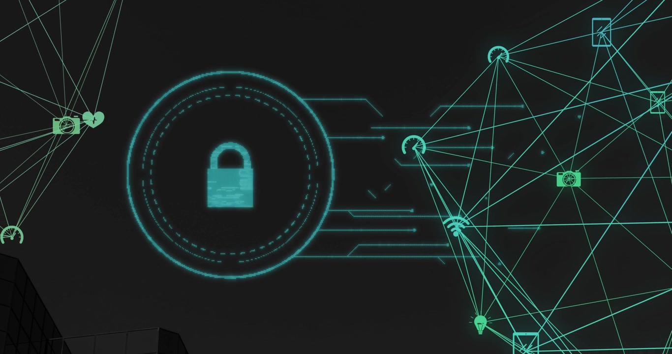 Animation of globe of digital icons spinning over security padlock icon against black background