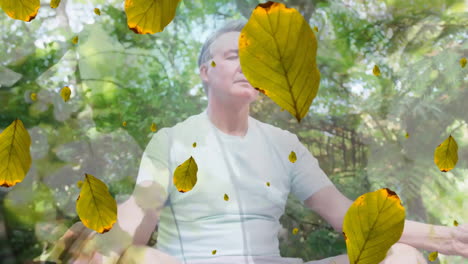 animation of green leaves falling over caucasian man meditating in forest