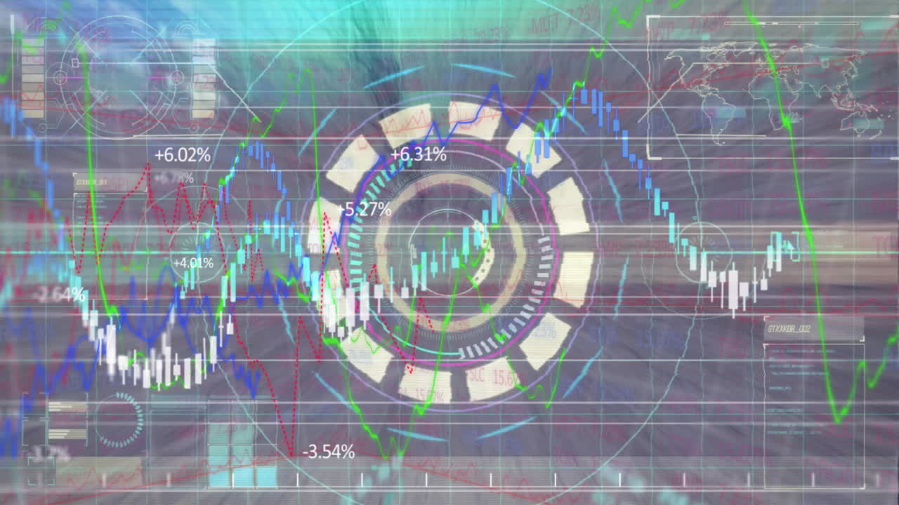 Animation of futuristic circular digital interface with financial data and graphs
