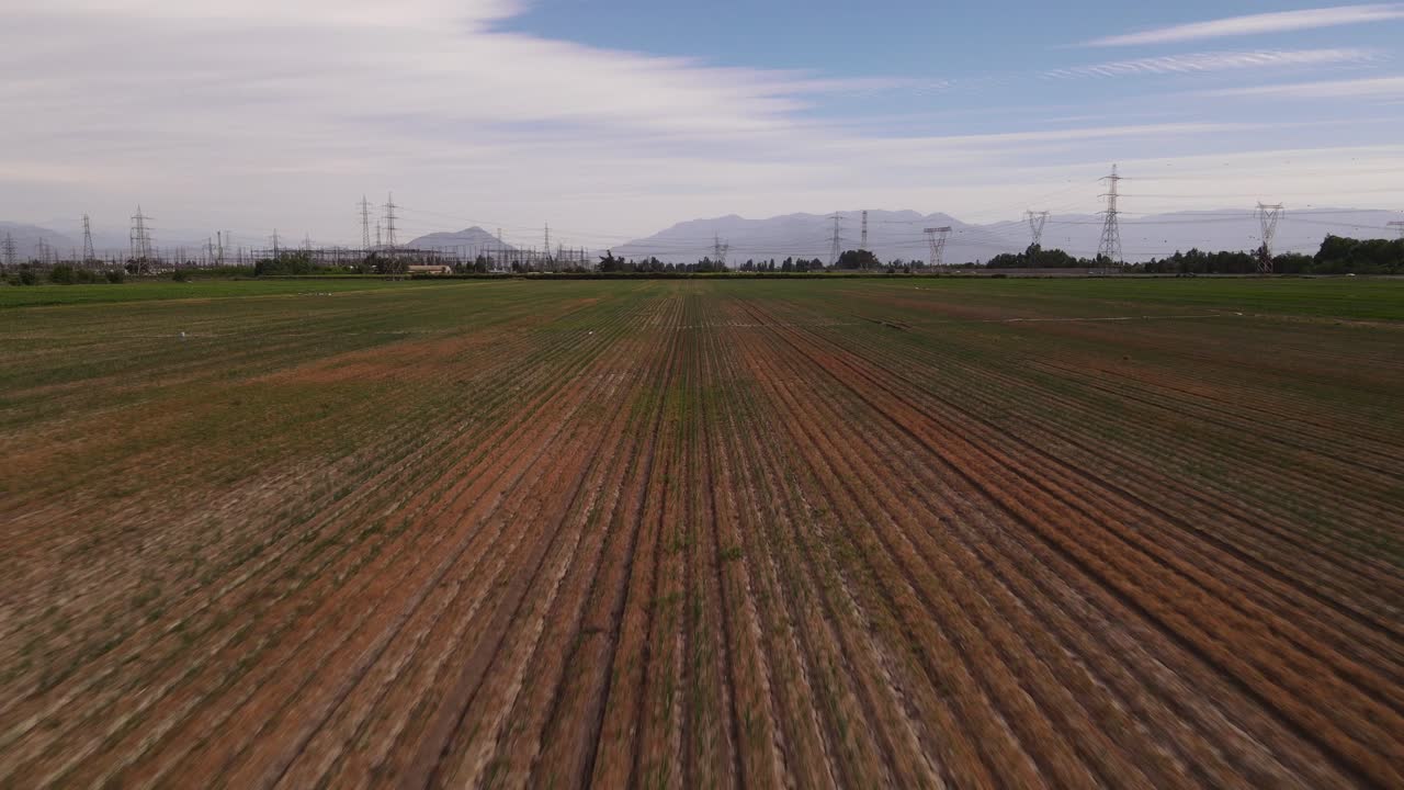 volando sobre campo abierto en plantación con vista al enorme valle central de paine junto a torres de alta tensión