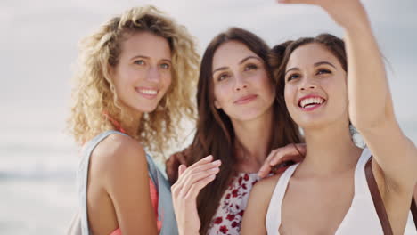 selfie, playa y grupo de amigos