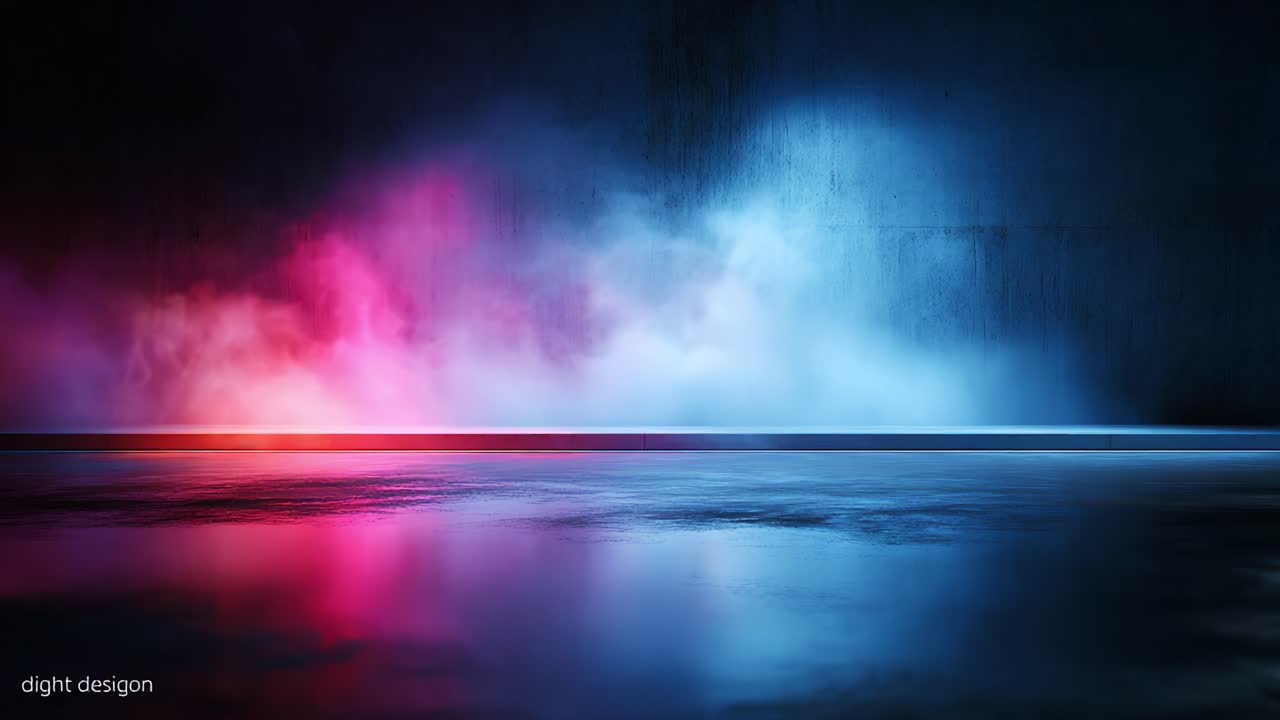 A dynamic interplay of vibrant colors and atmospheric elements creates a mesmerizing visual scene featuring reflections and glowing hues in a darkened environment