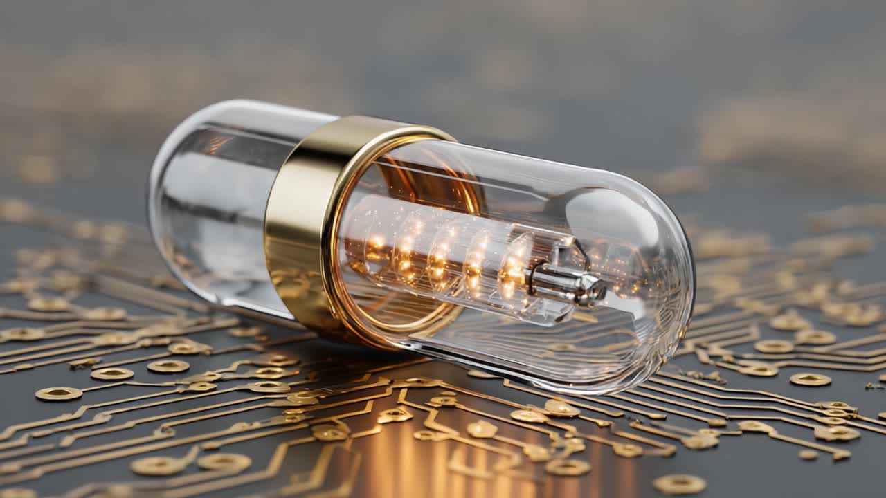 Illuminated Glass Capsule on Circuit Board: A Stunning Visual Contrast of Technology and Design Featuring a Unique Light Source in a Futuristic Setting