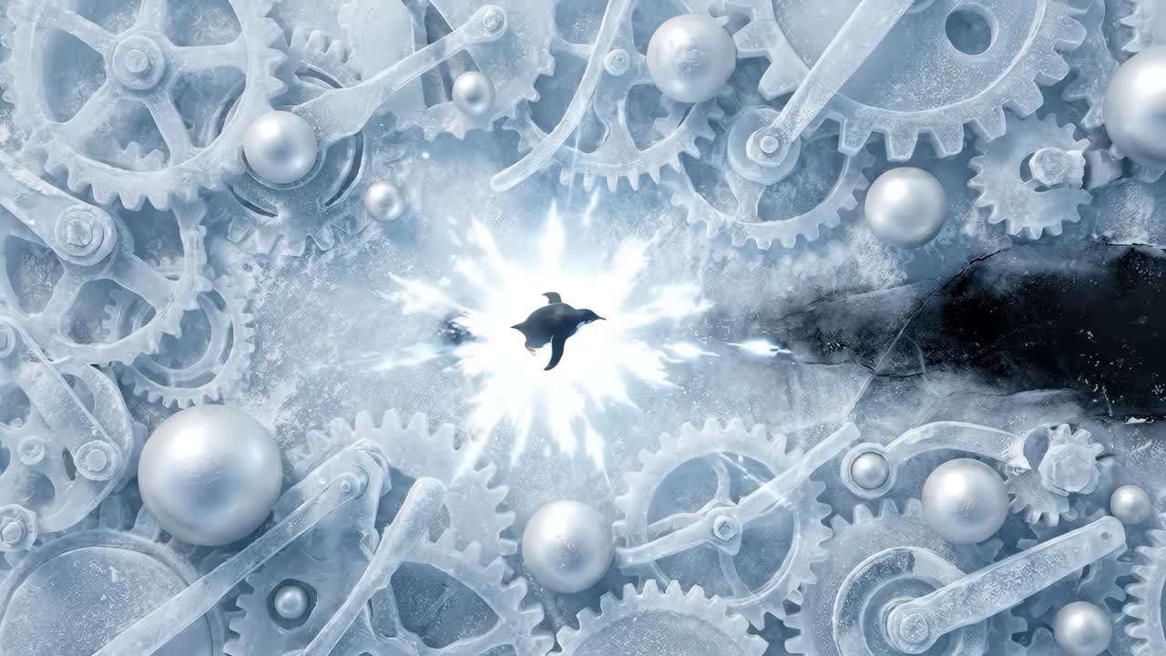 Pinguino animato che si muove attraverso ingranaggi ghiacciati e ghiaccio