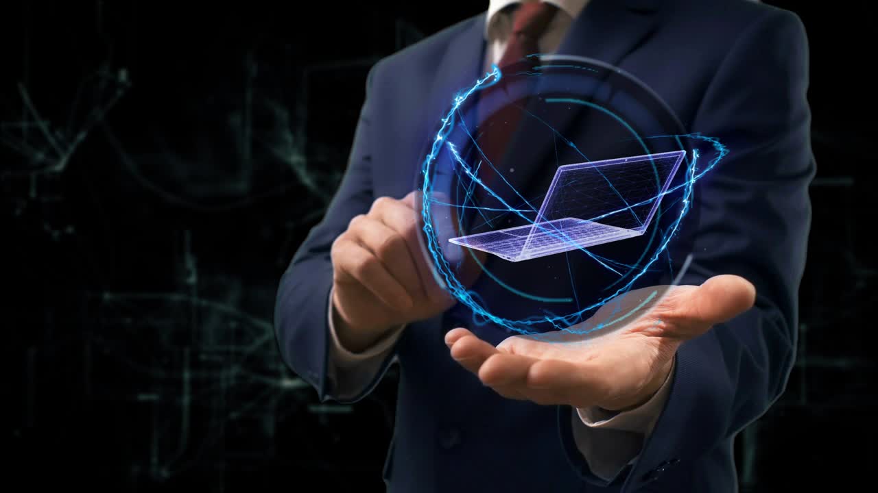 사업가 손에 콘셉트 홀로그램 3d 노트북을 보여줍니다.