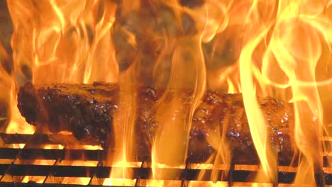 appetizing meat on grill in burning flame