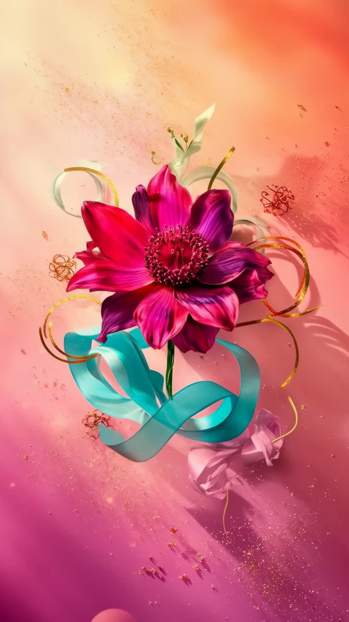 Vibrant Pink Flower with Teal Ribbon and Gold Accents