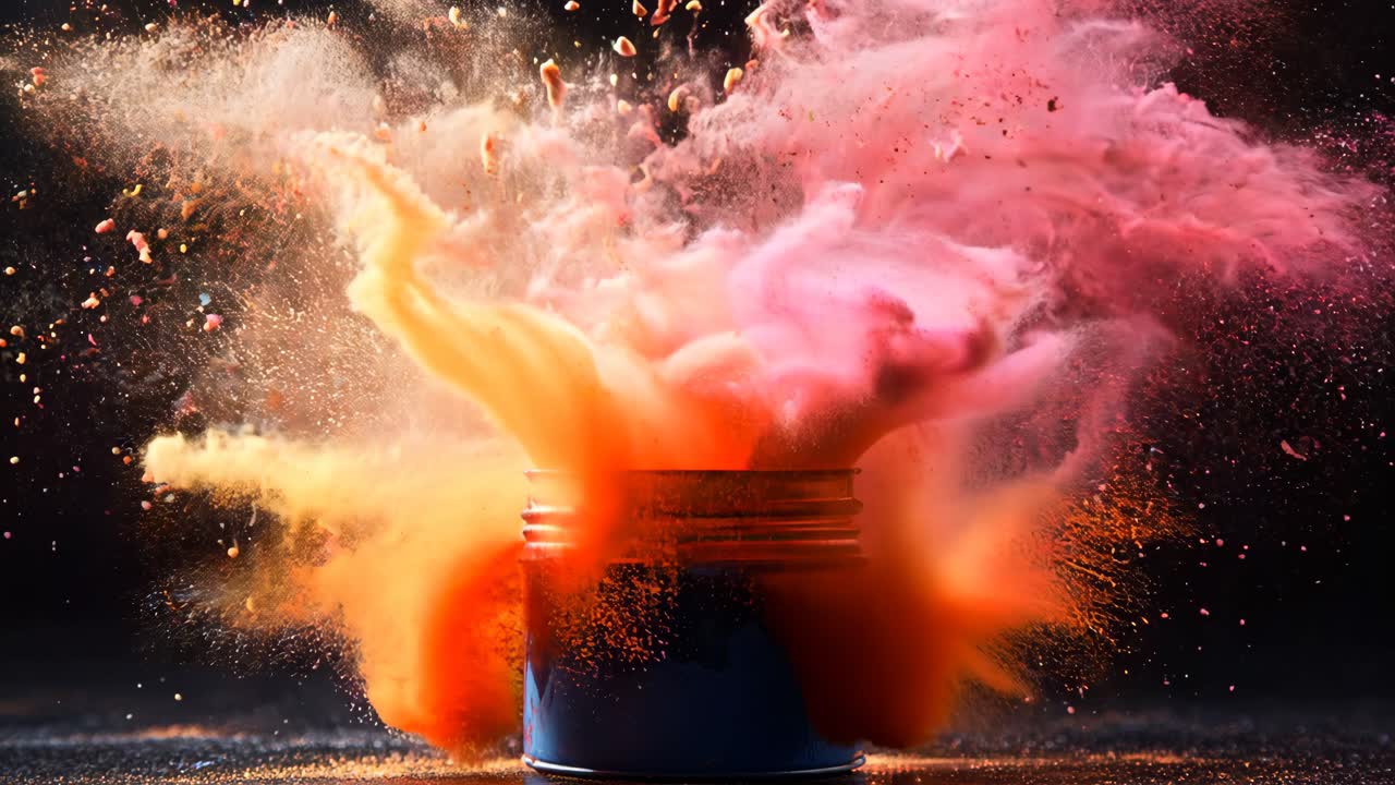 A blue canister with red and orange powder spilling out of it. Concept of chaos and destruction