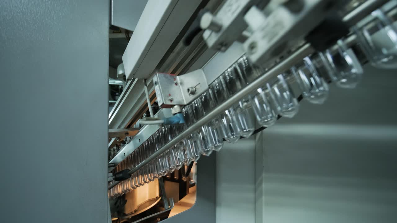 Automatic filling machine pours water into plastic PET bottles at modern beverage plant