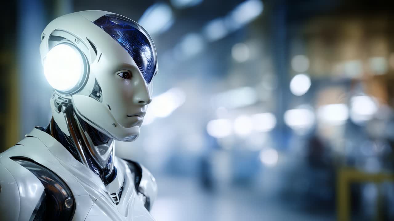 Robot umanoide futuristico che mostra una tecnologia avanzata, caratterizzato da un design elegante e funzionalità innovative, su uno sfondo industriale sfocato