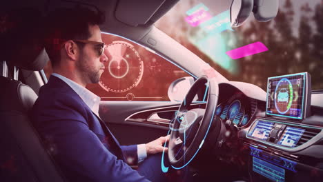 Driving car, man in suit interacting with futuristic digital animation overlay