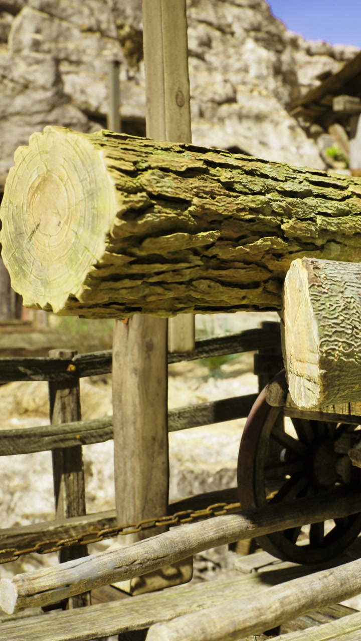 Wooden logs resting on antique cart under sunny skies in rustic setting